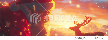 夕日とトナカイとサンタクロース、アニメ風 130424370