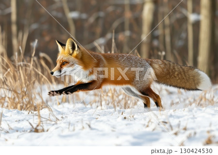 A red fox dashing through a snow-covered field, its sleek body and bushy tail in full motion 130424530