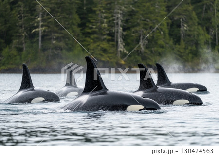 A group of killer whales emerge from water near a forested shoreline, showing dorsal fins 130424563