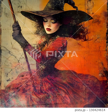 A captivating witch in a flowing dress and wide brimmed hat, holding a broomstick against a vibrant, textured backdrop 130424614