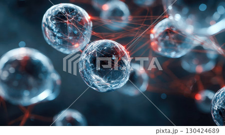 Transparent 3D glass spheres with glowing red digital connections, futuristic abstract technological background 130424689