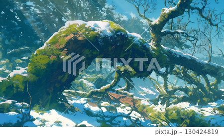 雪の中の朽ちた倒木、アニメ風 雪の中の朽ちた倒木、アニメ風 130424819