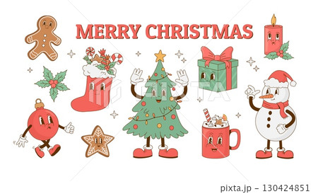 Merry Christmas and Happy New year set in retro style. Christmas tree, giftbox, coffee, gingerbread, snowman, ball cartoon mascot vector illustration. Nostalgia 70s, 80s, 60s 130424851