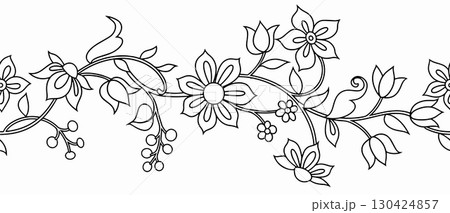 Coloring book. Seamless border with vector floral ornaments. Oriental frame 130424857
