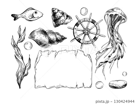 Hand drawn line art illustration of steering wheel, jellyfish, map, corals and seashells. Black ink nautical collection with bubbles, detailed marine elements for clipart, travel design 130424944