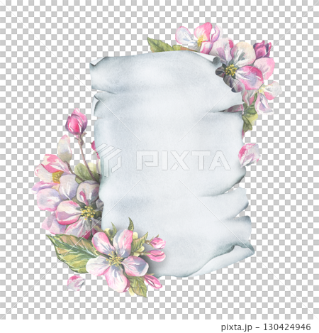 Elegant template for text with blooming apple flowers and a twisted sheet of paper, delicate hand-painted watercolor illustration, perfect for wedding text design and romantic invitations. 130424946