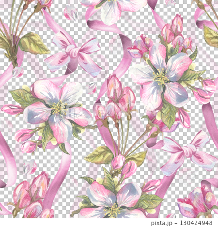 Seamless pattern with apple blossoms and pink ribbons, bows, romantic hand-painted watercolor illustration, suitable for packaging, fabric, wallpaper and decorative spring design projects. 130424948