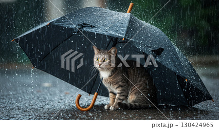 Cute tabby cat hiding from the heavy rain under a black umbrella. Animal in bad weather. 130424965