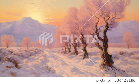 A tranquil winter landscape featuring pink trees under a soft sunrise in an impressionist style A tranquil winter landscape featuring pink trees under a soft sunrise in an impressionist style 130425196