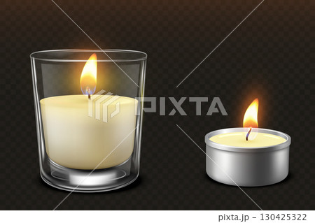 Set of wax candles in glass and plastic stand with burning flame on transparent dark background. Set of wax candles in glass and plastic stand with burning flame on transparent dark background. 130425322
