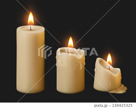 Vector icons of wax candle set with realistic flame. Combustion process. 130425325