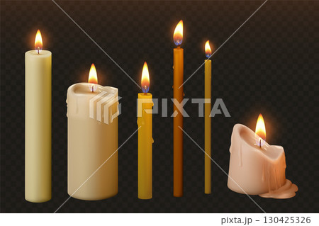 Set of realistic burning candles, thick, thin, church, spa and decor. 130425326