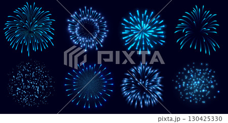 Fireworks salute with shining sparks, blue explosion festive firecracker burst, pyrotechnic rocket fire vector set Fireworks salute with shining sparks, blue explosion festive firecracker burst, pyrotechnic rocket fire vector set 130425330