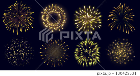 Set of festive golden fireworks with glowing sparks and splashes, different shapes. Set of festive golden fireworks with glowing sparks and splashes, different shapes. 130425331