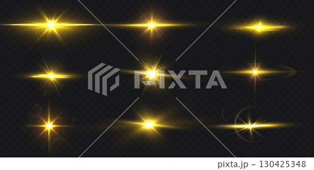 Vector set of star burst, yellow, with light effect, rays, glare and shimmering particles. 130425348