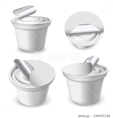 3d mockup set of plastic cups with yogurt and open lids, from different sides. 130425356
