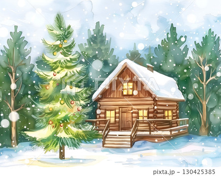 Cozy cabin surrounded by snow-covered trees in a tranquil winter landscape at dusk 130425385