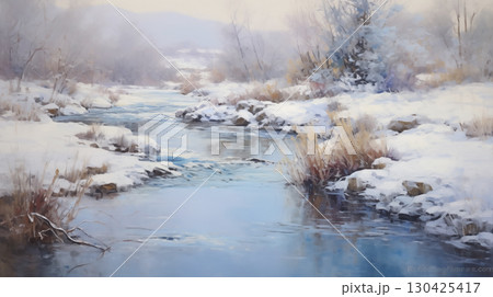 A serene winter landscape with a winding river and frosted banks at dawn 130425417