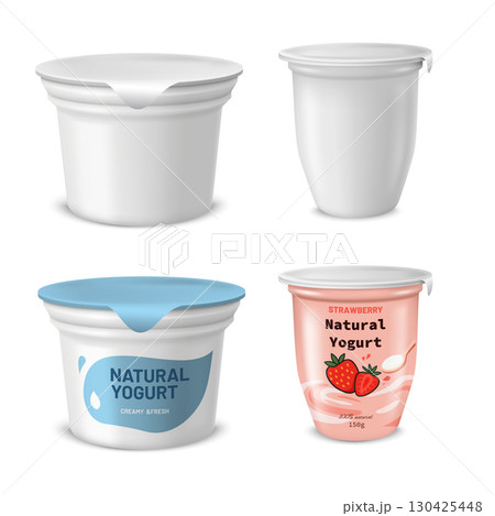 Yogurt cup mockup set with empty, white plastic container and with bright labels. 130425448