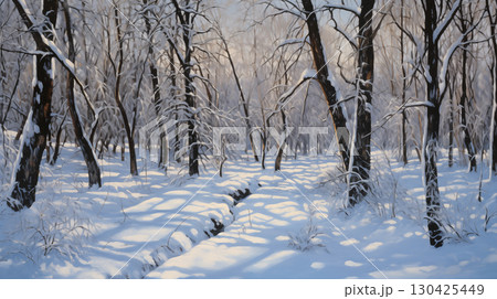 Impressionist winter landscape with snow-covered trees and a tranquil pathway 130425449