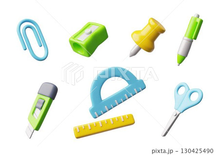 3D vector stationery set with paperclip, pen, knife, sharpener, scissors, tape measure. 130425490