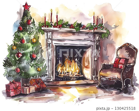 Cozy Christmas interior featuring a decorated tree, fireplace, and gifts during the festive season 130425518