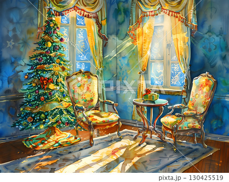 Cozy Christmas interior with light streaming through windows and a decorated tree 130425519