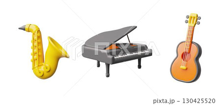 Acoustic guitar, classical piano and saxophone 3d plastic style vector icons set, render realistic music instruments Acoustic guitar, classical piano and saxophone 3d plastic style vector icons set, render realistic music instruments 130425520