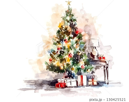 Warm and inviting Christmas interior with a beautifully decorated tree and gifts under the branches Warm and inviting Christmas interior with a beautifully decorated tree and gifts under the branches 130425521