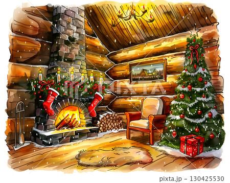 Cozy Christmas interior featuring a decorated tree and inviting fireplace in a wooden cabin 130425530