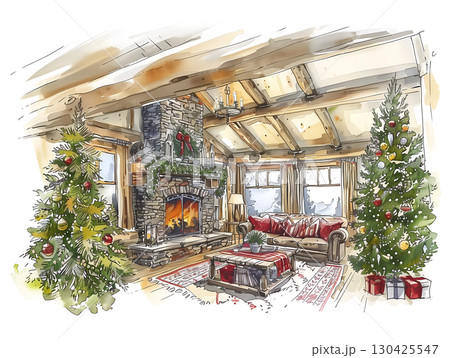 Cozy Christmas interior with festive decorations and a warm fireplace in a rustic living room 130425547
