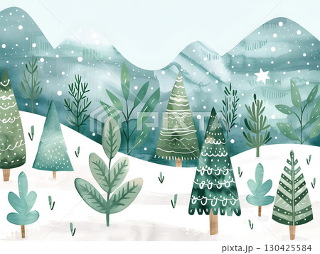 Winter landscape with snow-covered trees and mountains under a light blue sky Winter landscape with snow-covered trees and mountains under a light blue sky 130425584