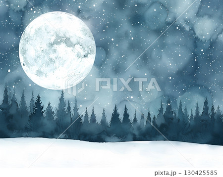 Serene winter landscape under a bright full moon with falling snowflakes and evergreen trees Serene winter landscape under a bright full moon with falling snowflakes and evergreen trees 130425585