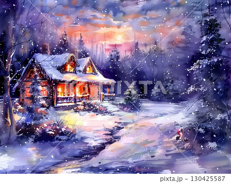Charming watercolor winter landscape featuring a cozy cabin, trees, and gentle snowfall at sunset Charming watercolor winter landscape featuring a cozy cabin, trees, and gentle snowfall at sunset 130425587