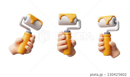 3d vector set of a human hand holding a paint roller with orange paint, view from different sides. 3d vector set of a human hand holding a paint roller with orange paint, view from different sides. 130425602
