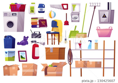 Isolated set of icons with furniture, appliances, tools, drawers, shelves, equipment. 130425607