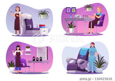 Beauty salon with manicurist, hairdresser, stylish studio fashion service interior vector set, professional equipment 130425610