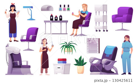 Set of beauty salon furniture, characters, equipment, cosmetics icons. 130425611