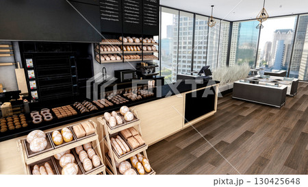 Modern Bakery Shop and Cafe Interior with Bread Display and Coffee Counter, 3d Rendering 130425648