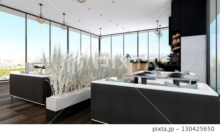 Modern Bakery Shop and Cafe Interior with Bread Display and Coffee Counter, 3d Rendering 130425650