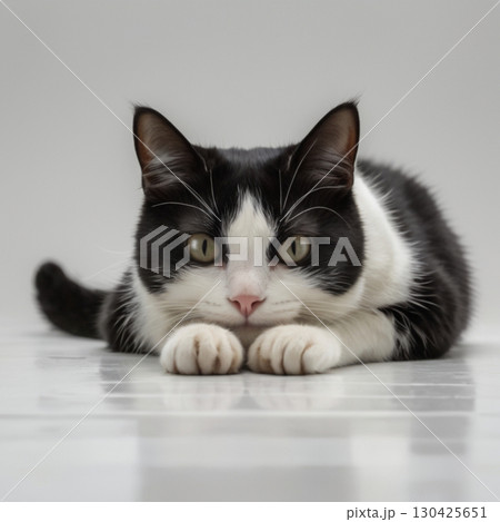 寝そべっているハチワレ猫 130425651