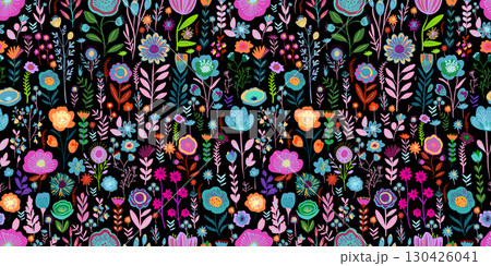 Garden flower, plants , botanical , seamless pattern vector design for fashion, fabric, wallpaper on a dark background. Cute pattern in small flower. Small colorful flowers. hand drawn. Not AI 130426041