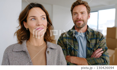 Happy couple standing in new home with moving boxes in the background looking excited and hopeful 130426094