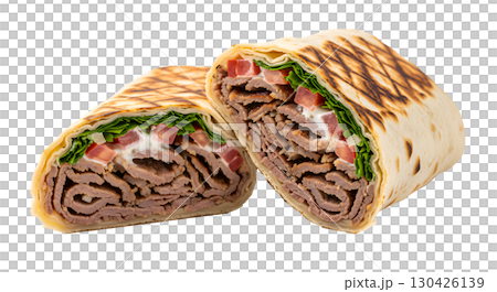 Appetizing shawarma with juicy beef and fresh vegetables, cut in half and shown in a cross-section. Ideal image for menus, food delivery sites and culinary blogs. 130426139