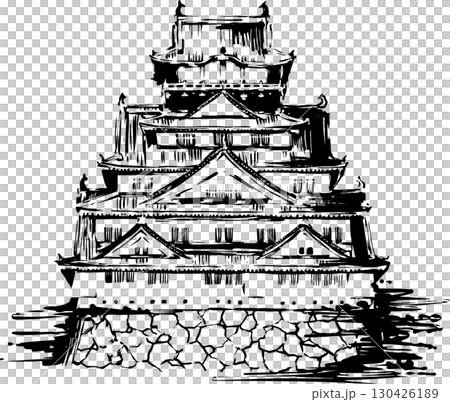 日本の城の墨絵イラスト 130426189