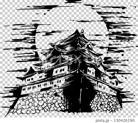 Sumi-e illustration of a Japanese castle and the moon 130426190