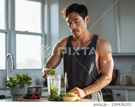 Fit man preparing healthy spinach and berry smoothie in kitchen with natural morning light and clean diet ingredients Fit man preparing healthy spinach and berry smoothie in kitchen with natural morning light and clean diet ingredients 130426201