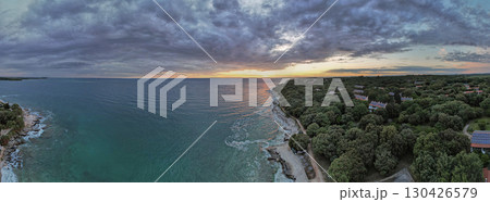 Aerial drone sunset panorama of Lanterna peninsula, Istria, Croatia. Aerial drone sunset panorama of Lanterna peninsula, Istria, Croatia. 130426579