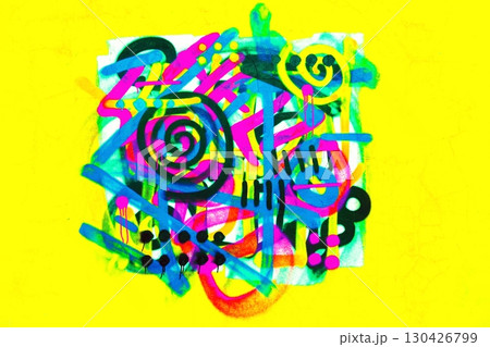 Vibrant Abstract Graffiti Art on Neon Yellow for 80s, Funky Design 130426799