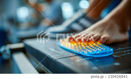 Child foot on orthopedic insole with illuminated surface during examination Child foot on orthopedic insole with illuminated surface during examination 130426841